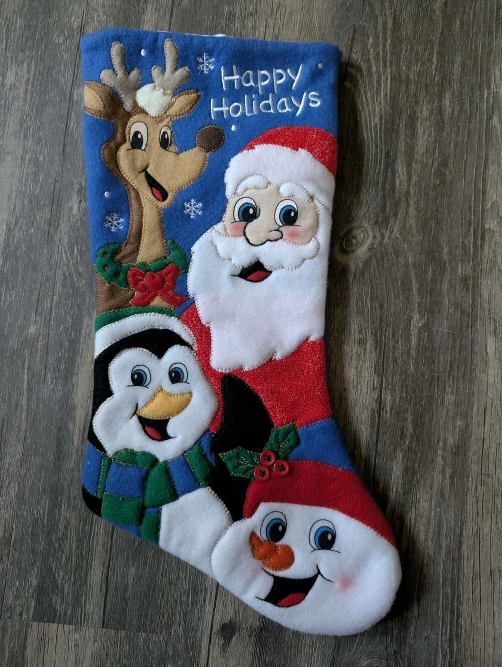 Vintage Embroidered Blue Felt Santa Rudolph Penguin Christmas Stocking 18"